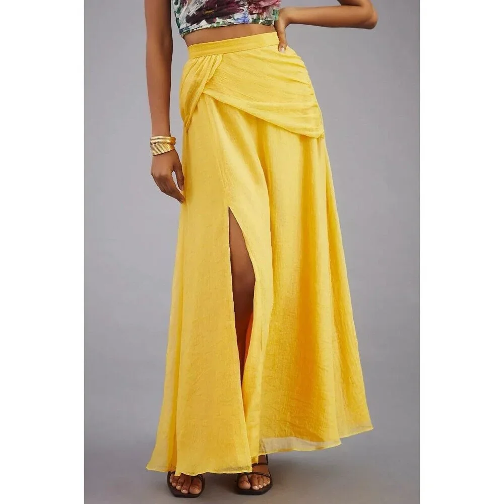 Hutch Anthropologie Shine Maxi Skirt (Size L) Yellow Organza Draped w/Slit Party
